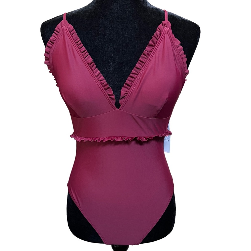 Cupshe Rory Burgundy Scalloped Trim One Piece Swimsuit - Size Medium